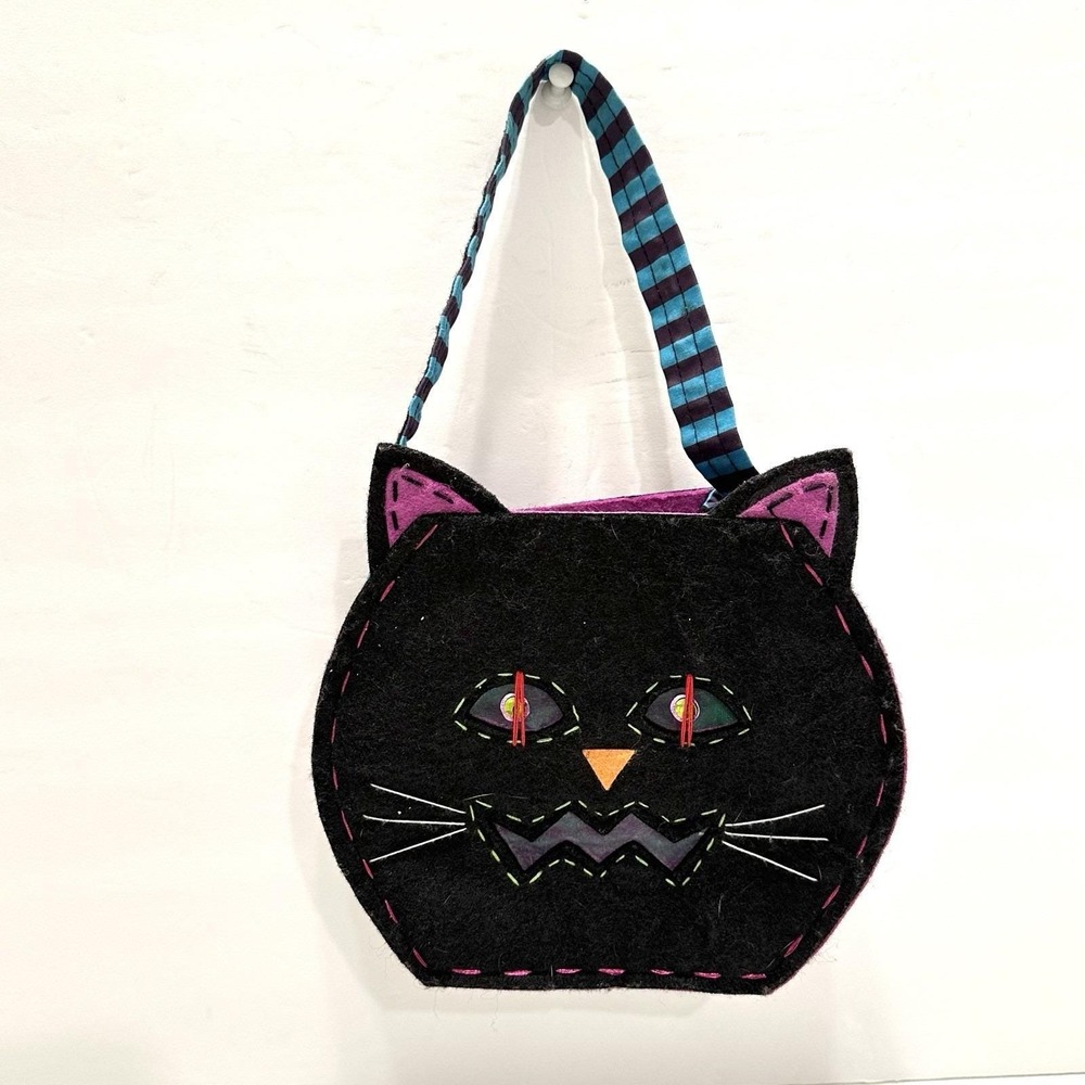 Vintage 90s Black Cat Kitty Bag Purse‎ Felt Stitched Halloween Small Cute Kitsch